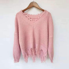 Pure V neck Purl Long sleeve Knit Sweaters