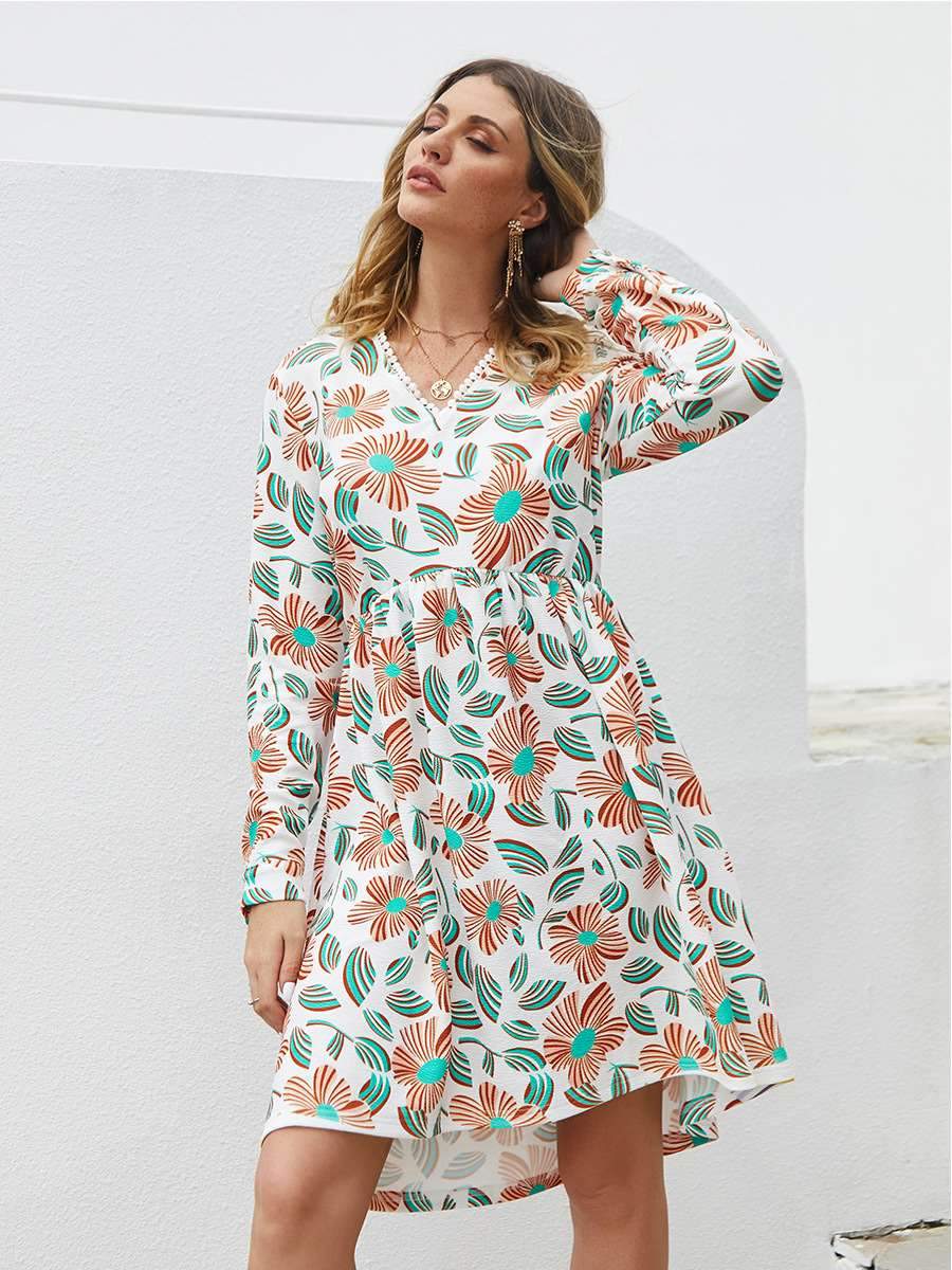 Fashion Loose Print Long sleeve V neck Skater Dresses