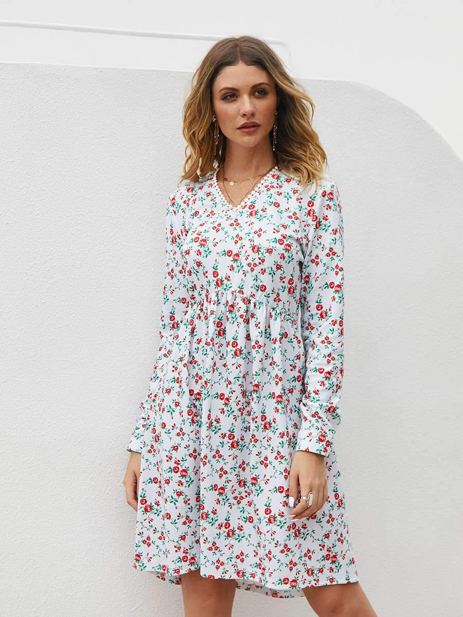 Fashion Loose Print Long sleeve V neck Skater Dresses