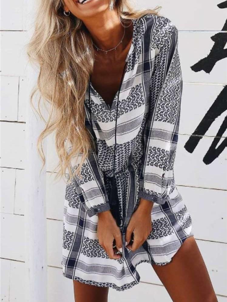 Fashion Print V neck Lacing Long sleeve Shift Dresses
