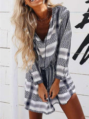 Fashion Print V neck Lacing Long sleeve Shift Dresses