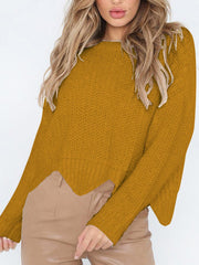 Round Neck Long Sleeve Wave Hem Knitting Sweaters