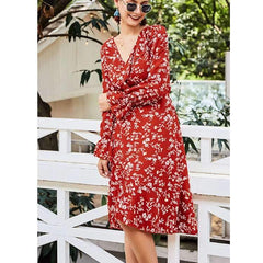Fashion Print V neck  Falbala Long sleeve Irregular Skater Dresses