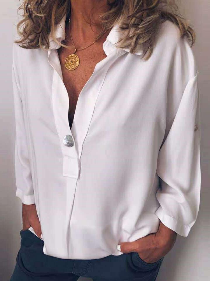 Fashion Loose Pure V neck Long sleeve Blouses