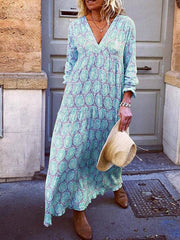 V neck long sleeve printed maxi dresses