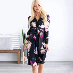 Casual Print V neck Long sleeve Skater Maxi Dresses