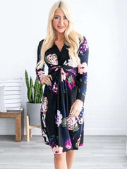Casual Print V neck Long sleeve Skater Maxi Dresses