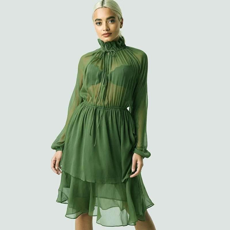 Sexy Lacing High collar Long sleeve Skater Dresses