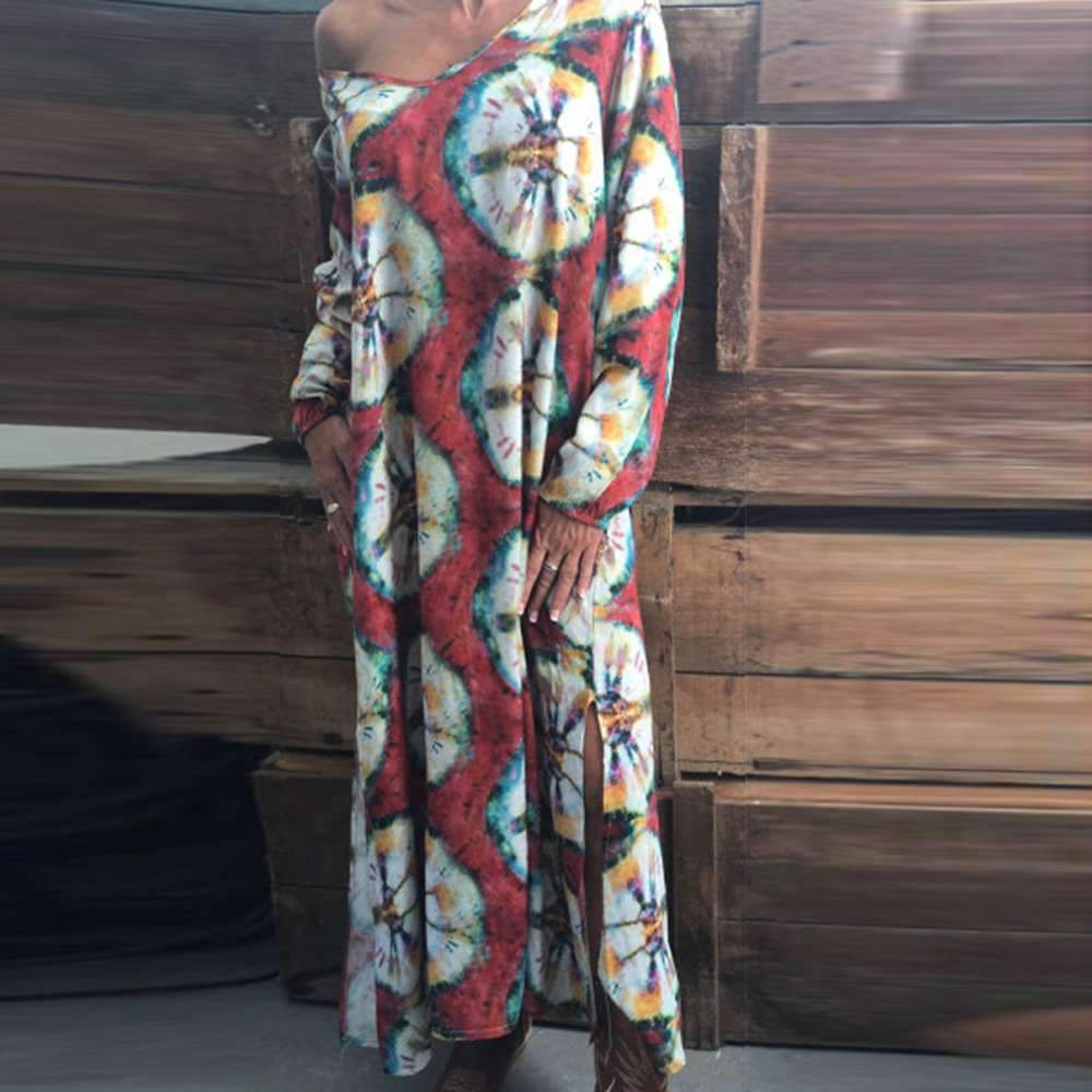 Loose Plus Print V neck Long sleeve Maxi Dresses