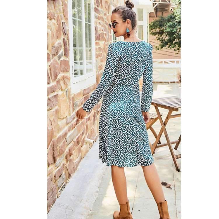 Casual V neck Print Long sleeve Skater Dresses