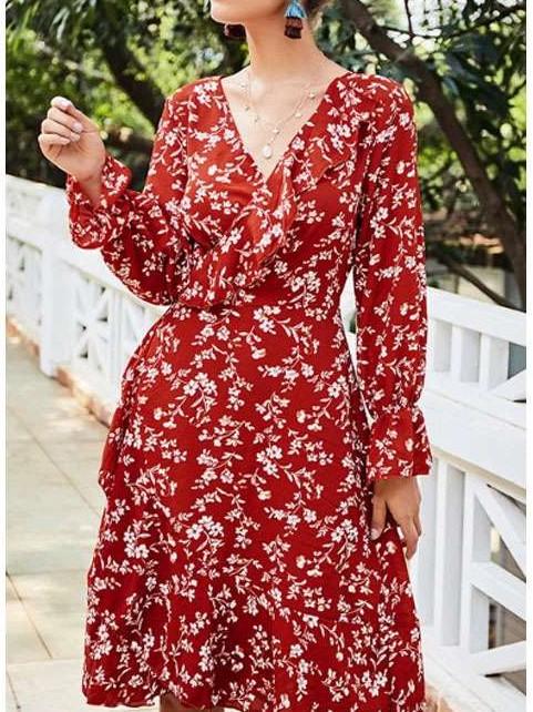 Fashion Print V neck  Falbala Long sleeve Irregular Skater Dresses