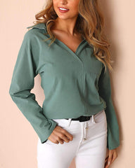 Fashion Pure V neck Long sleeve Pocket Blouses