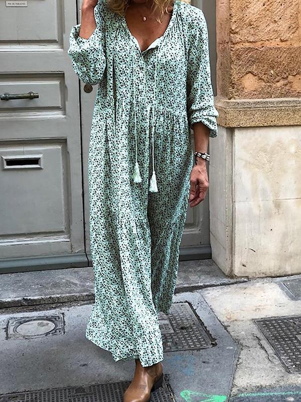 Bohemian print long sleeve v-neck maxi dresses