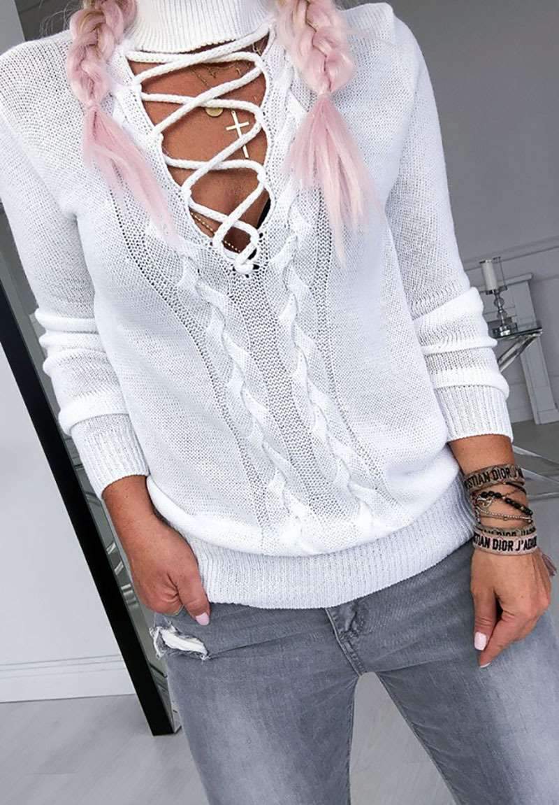 Casual Sexy Knit Hollow out Pure High collar Sweaters