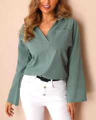 Fashion Pure V neck Long sleeve Pocket Blouses