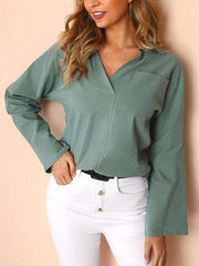 Fashion Pure V neck Long sleeve Pocket Blouses