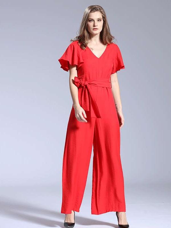 Fashion Casual Pure V neck Short sleeve Lacing Jumpsuits