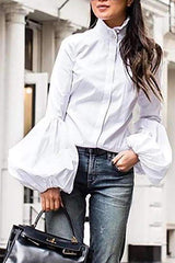 Fashion Pure Stand collar Puff sleeve Blouses