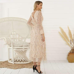 Fashion Purl Paillette Long sleeve V neck Maxi Dresses