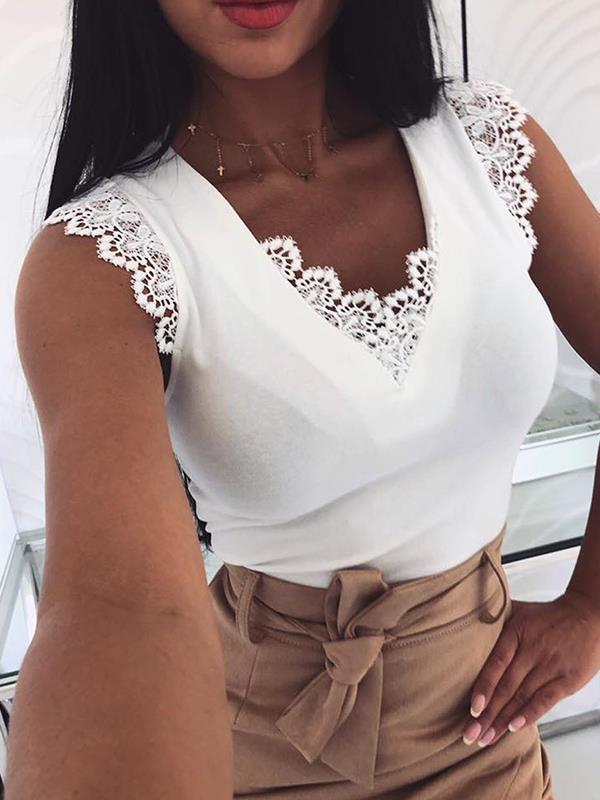 Sexy lace decoration plain sleeveless  v neck vests shirts