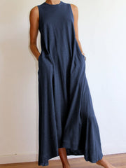 Crew Neck Solid Sleeveless Cotton-Blend Dresses