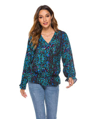 Fashion Loose Print V neck Long sleeve Blouses