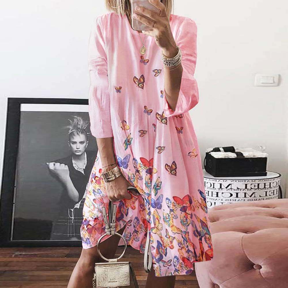 Loose Print Round neck Three quarter sleeve Maxi Dresses