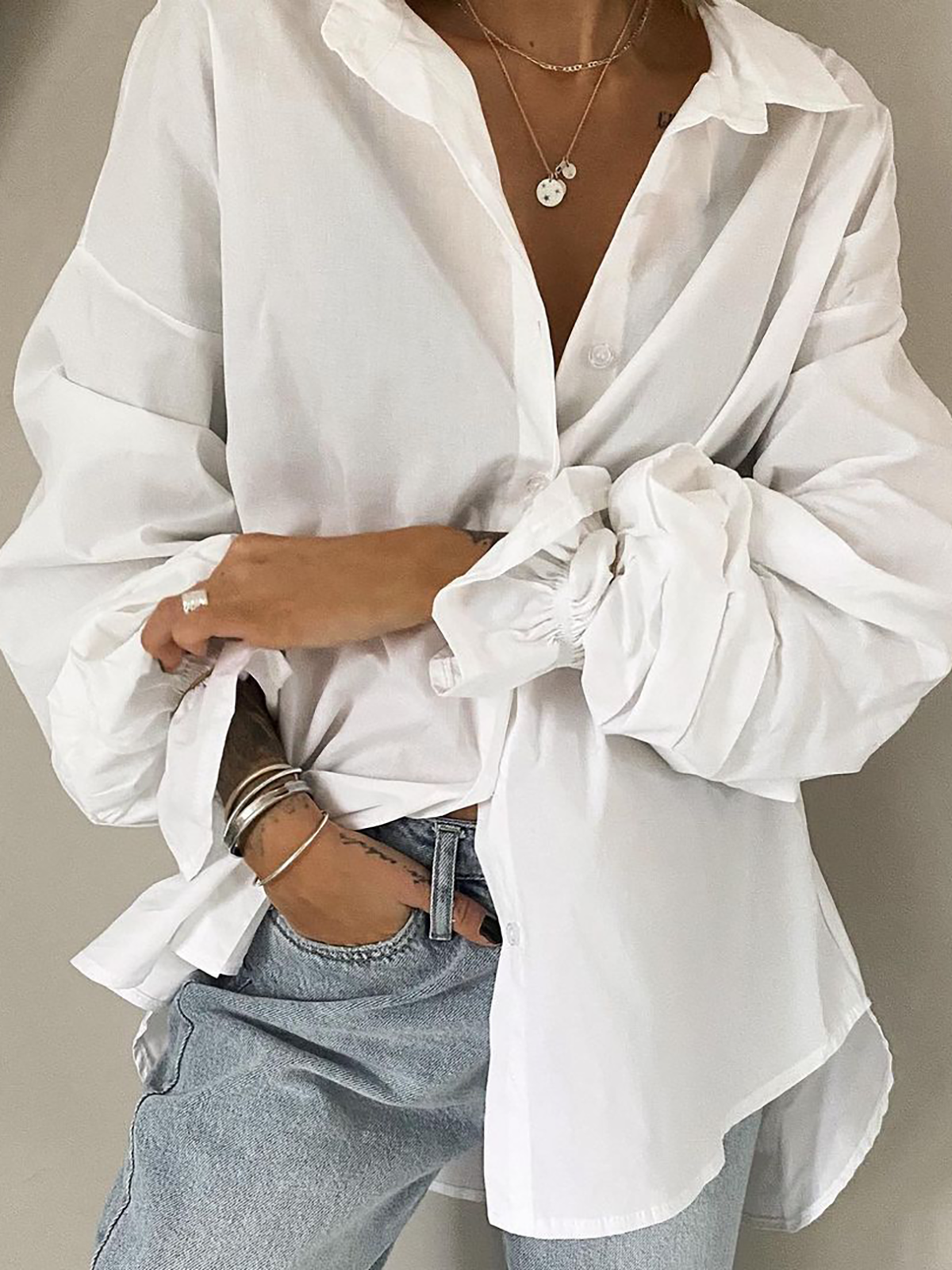 Plus size Plain Long Sleeve Shirts & Tops