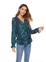 Fashion Loose Print V neck Long sleeve Blouses