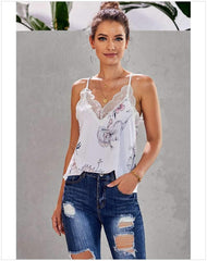 Fashion Print V neck Lace Vests
