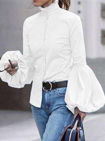 Fashion Pure Stand collar Puff sleeve Blouses