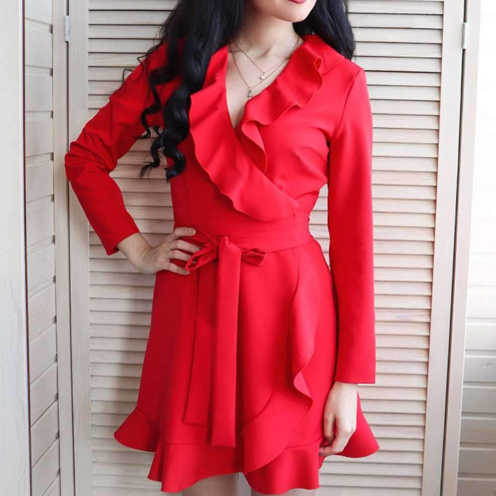 Sexy Lacing  Falbala V neck Long sleeve Skater Dresses