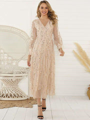 Fashion Purl Paillette Long sleeve V neck Maxi Dresses