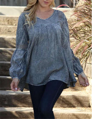 Casual Loose Pure V neck Long sleeve Gored Blouses