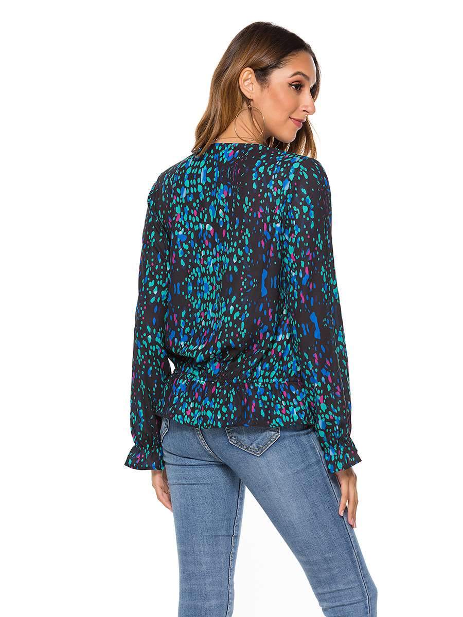 Fashion Loose Print V neck Long sleeve Blouses