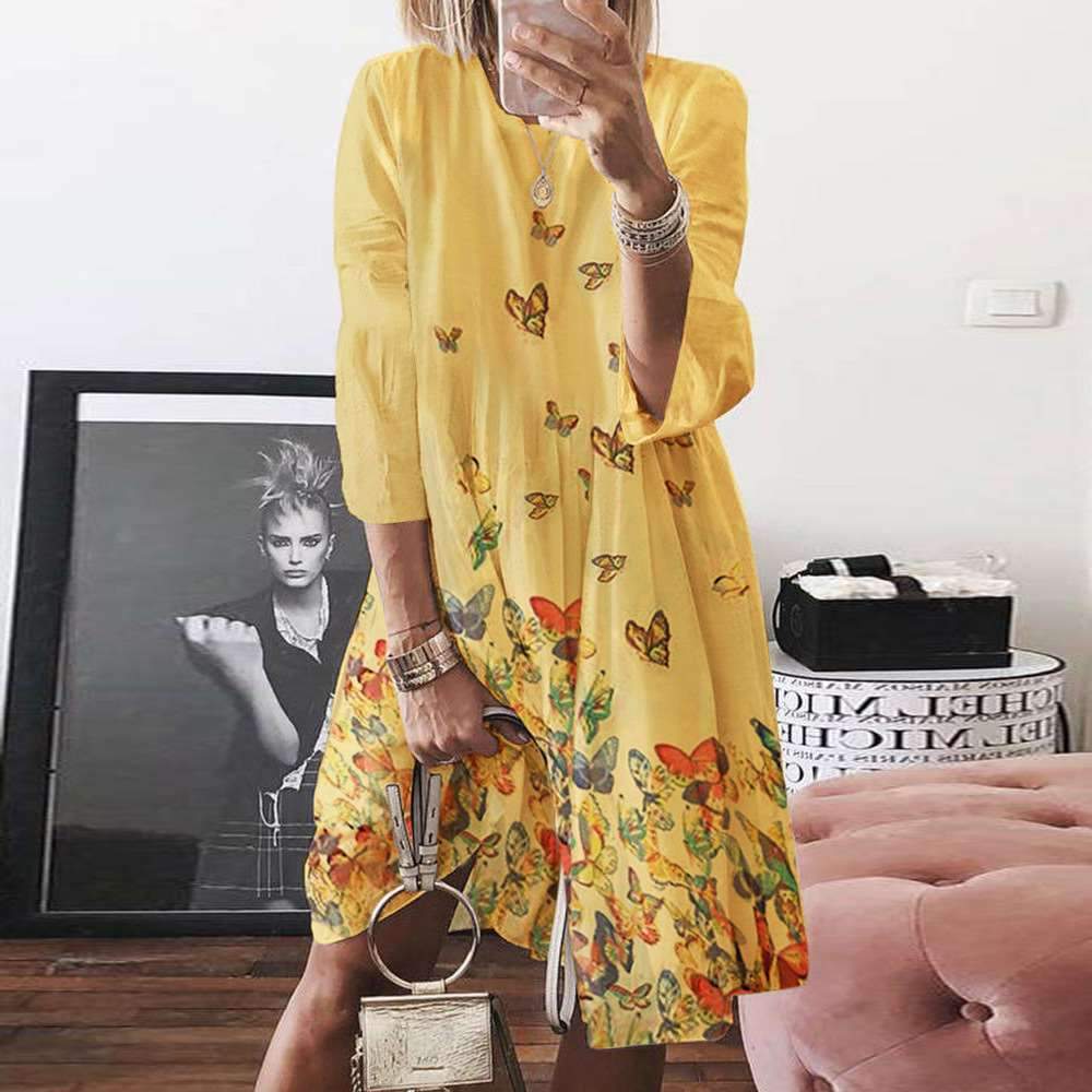 Loose Print Round neck Three quarter sleeve Maxi Dresses