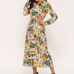 Casual Print V neck Long sleeve Skater Maxi Dresses