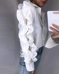 Fashion Pure Gored  Falbala Hollow out Long sleeve Blouses