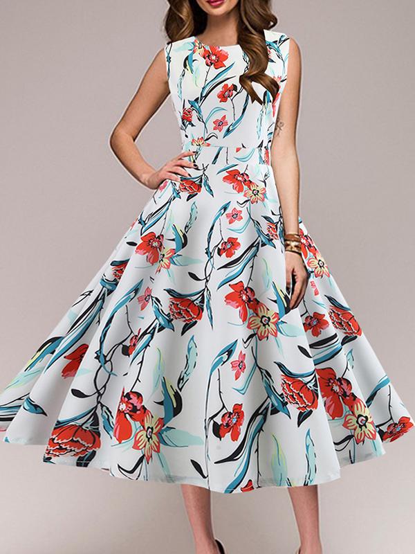 Round Neck Floral Printed Skater Dress