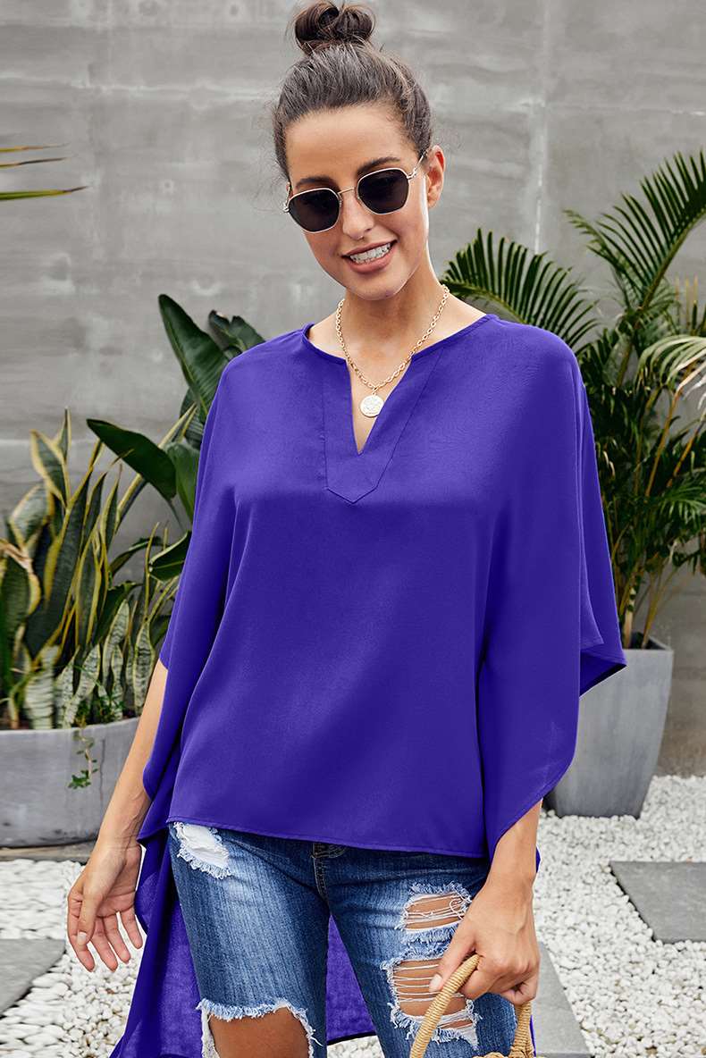 Fashion Loose Pure V neck Batwing sleeve Irregular Blouses