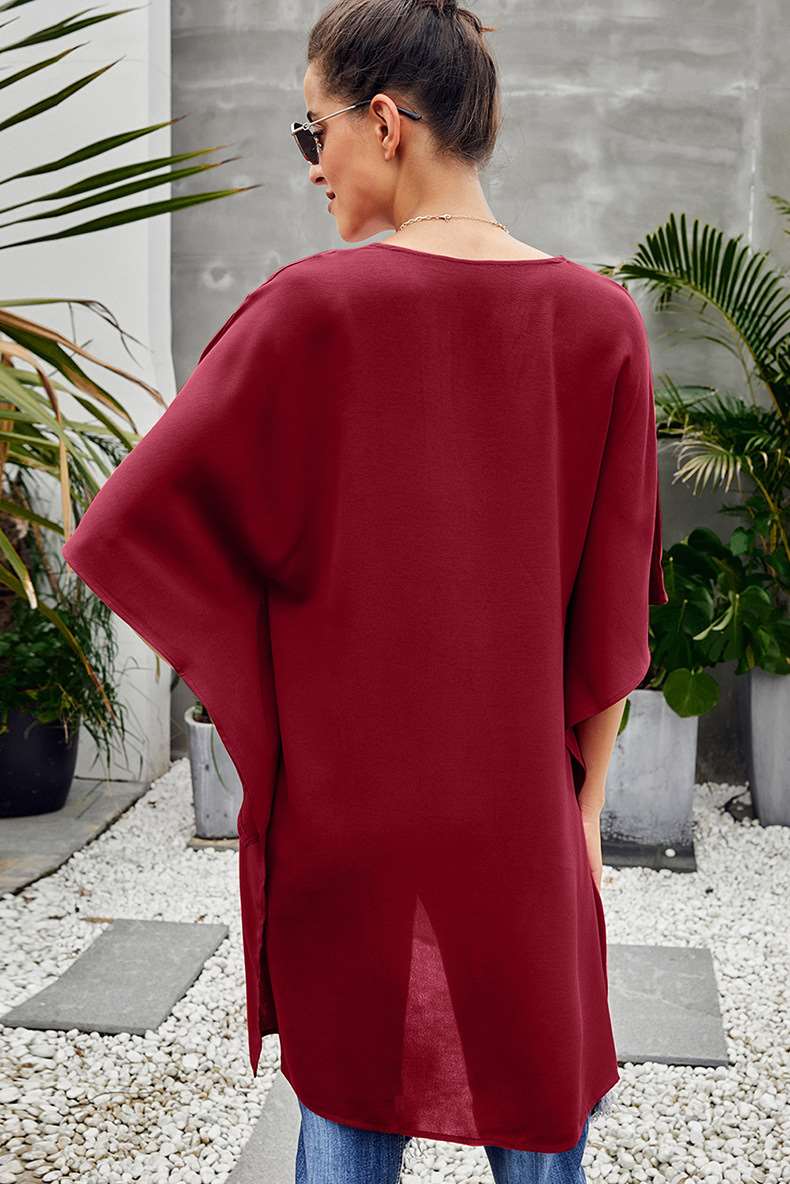 Fashion Loose Pure V neck Batwing sleeve Irregular Blouses