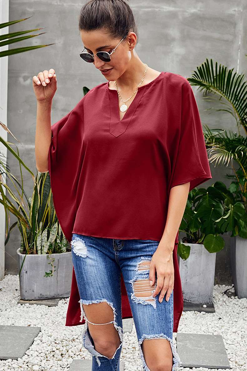 Fashion Loose Pure V neck Batwing sleeve Irregular Blouses