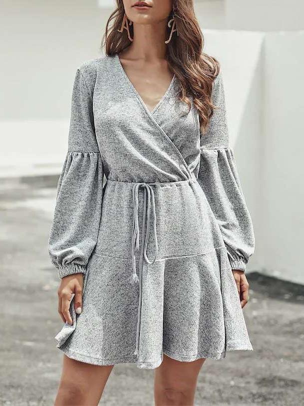 Fashion Pure V neck Long sleeve Lacing Skater Dresses