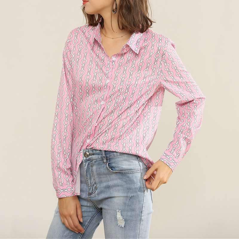 Fashion Loose Print Lapel Long sleeve Blouses