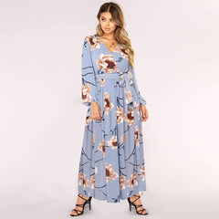 Sexy Lacing Print V neck Long sleeve Maxi Dresses