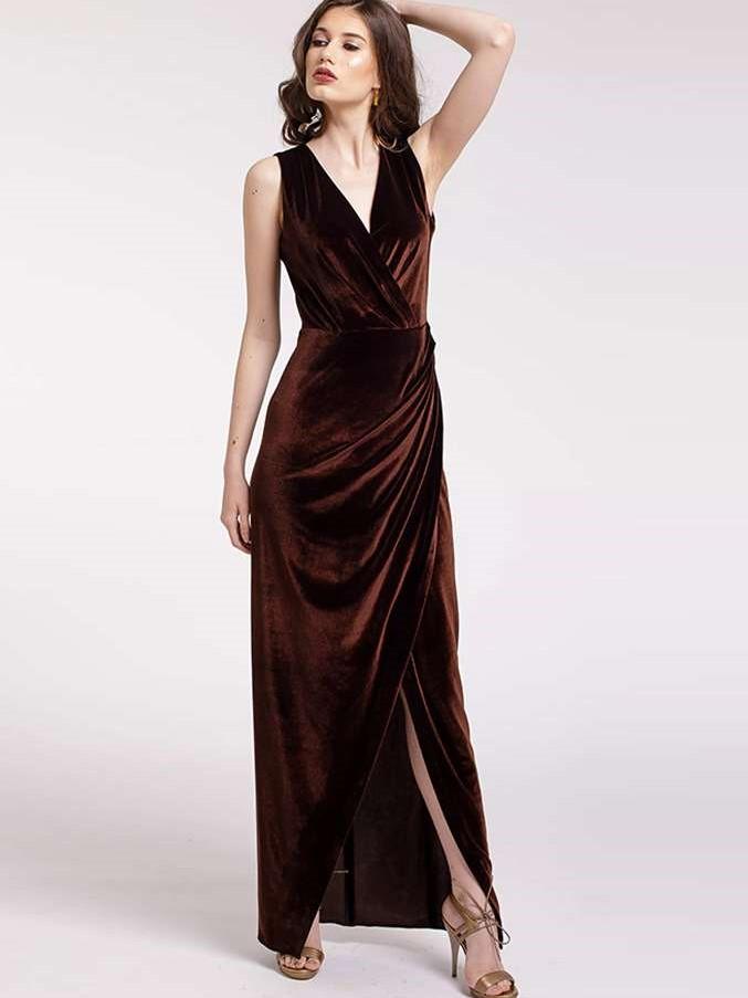 Sexy V neck Sleeveless Pleuche Evening Dresses