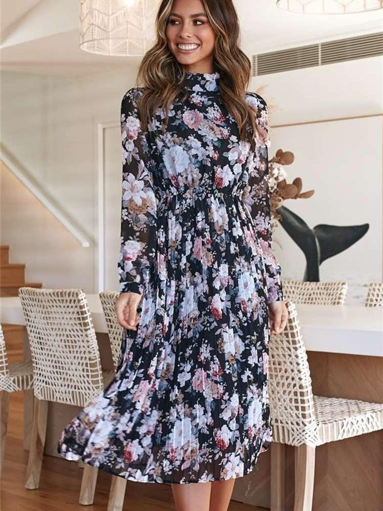 Fashion Print Long sleeve High collar Skater Dresses