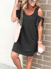Pure V neck Off shoulder Short sleeve Shift Dresses