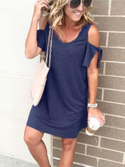 Pure V neck Off shoulder Short sleeve Shift Dresses
