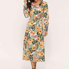 Casual Print V neck Long sleeve Skater Maxi Dresses